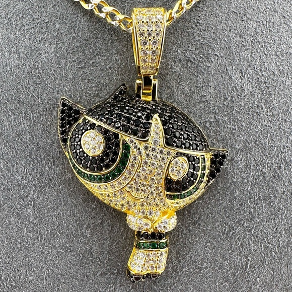 18K Gold Plated over 925 Sterling Silver Round Cut 3D PowerPuff Girls Necklace - Picture 2 of 9